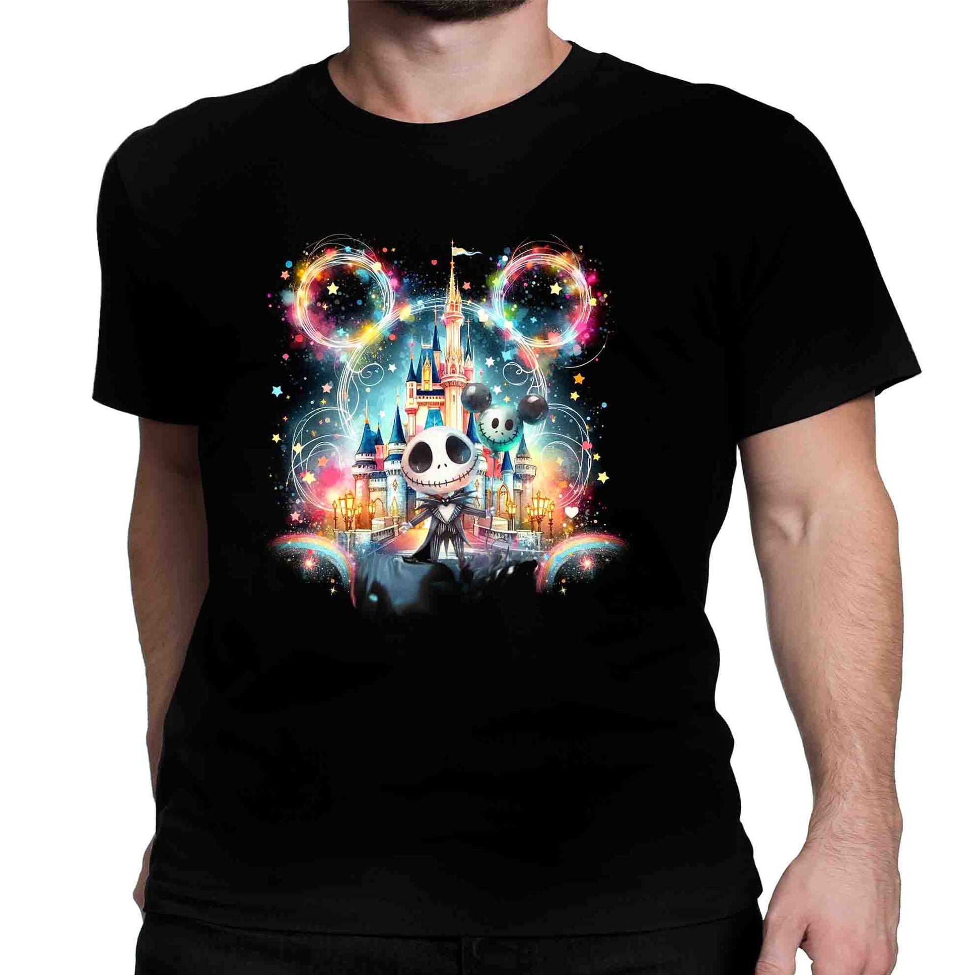 Black t-shirt Jack Skellington neon glow Halloween printed graphic tee with spooky inspired design