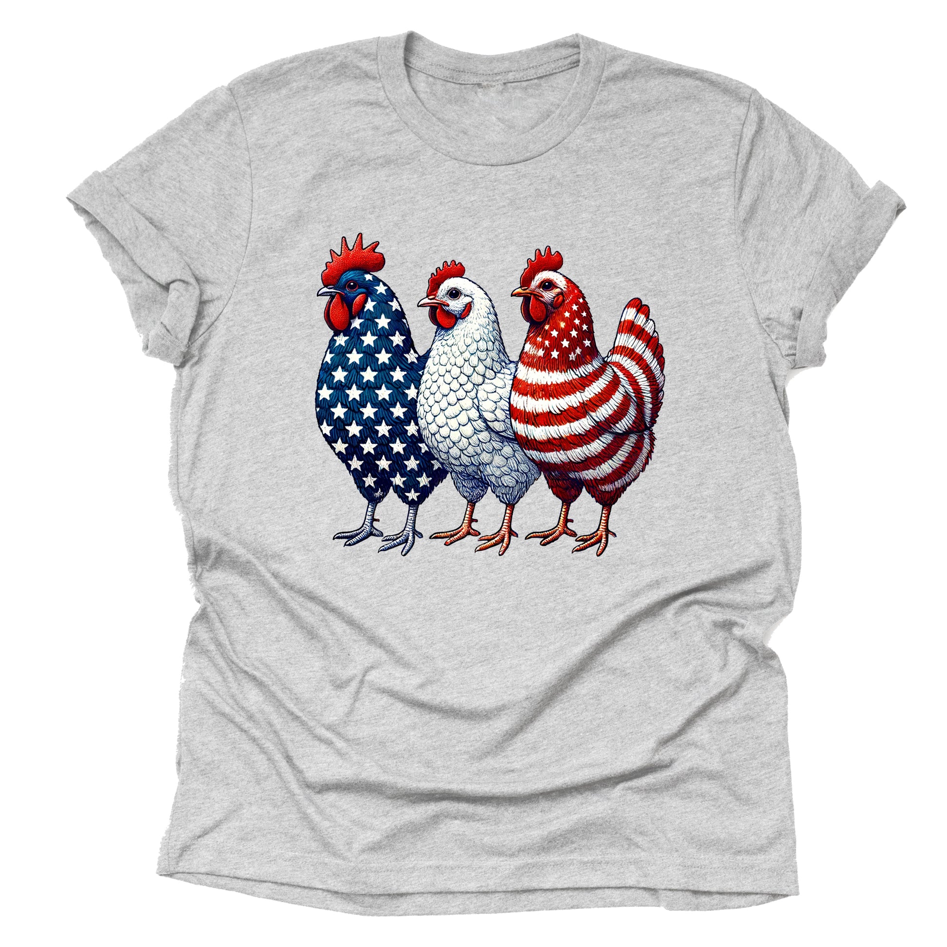 Gray t-shirt with three Chickens designed like the American flag 