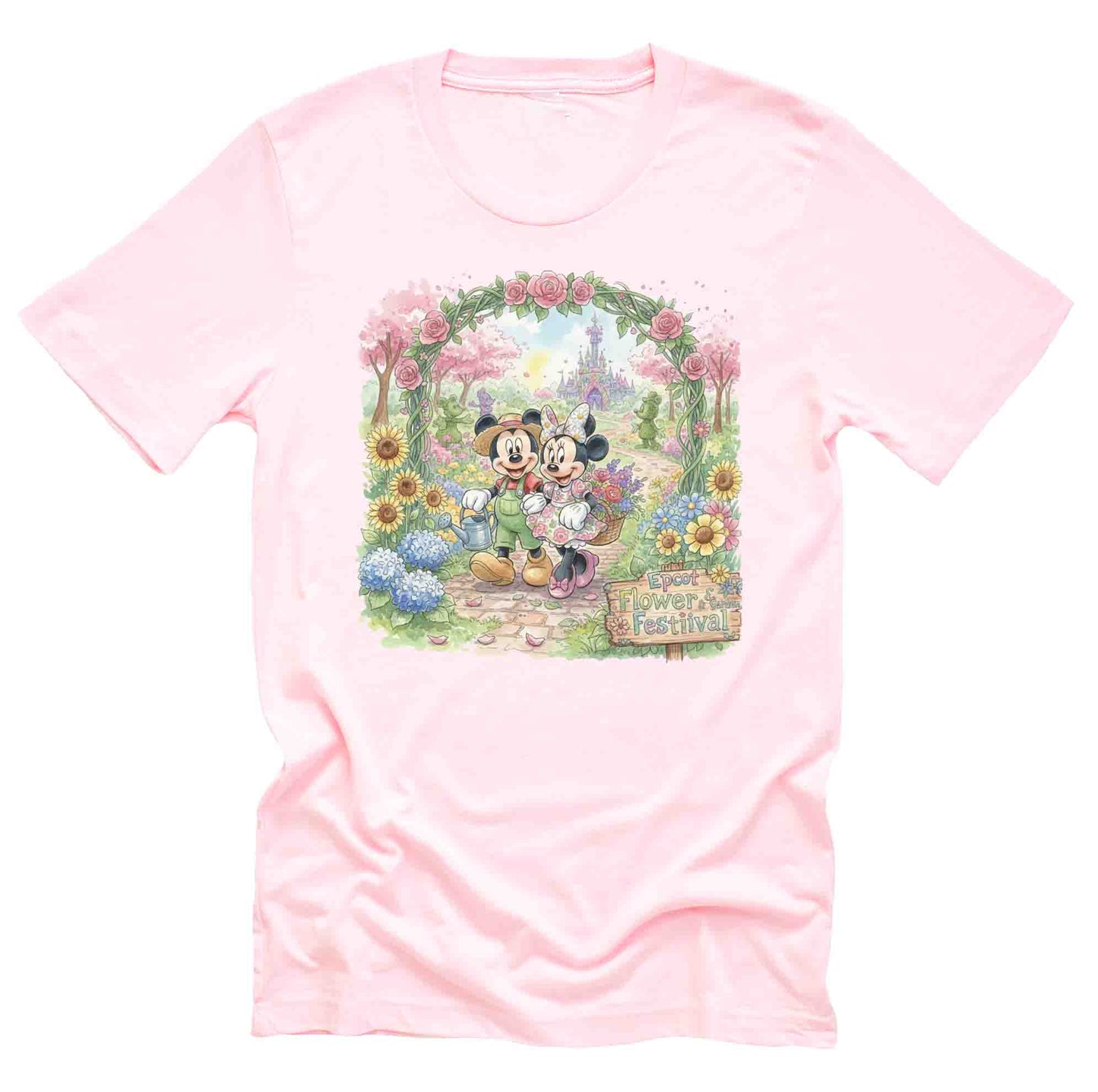 light pink shirt with mickey mouse and minnie mouse walking through a garden at Epcot's International Flower and garden festival