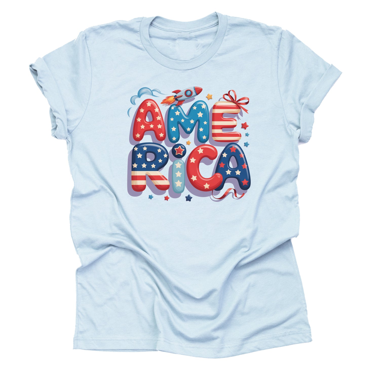 A light blue short-sleeved unisex T-shirt with a graphic that spells out 'america' in stylized lettering, featuring stars and stripes in red, white, and blue colors.