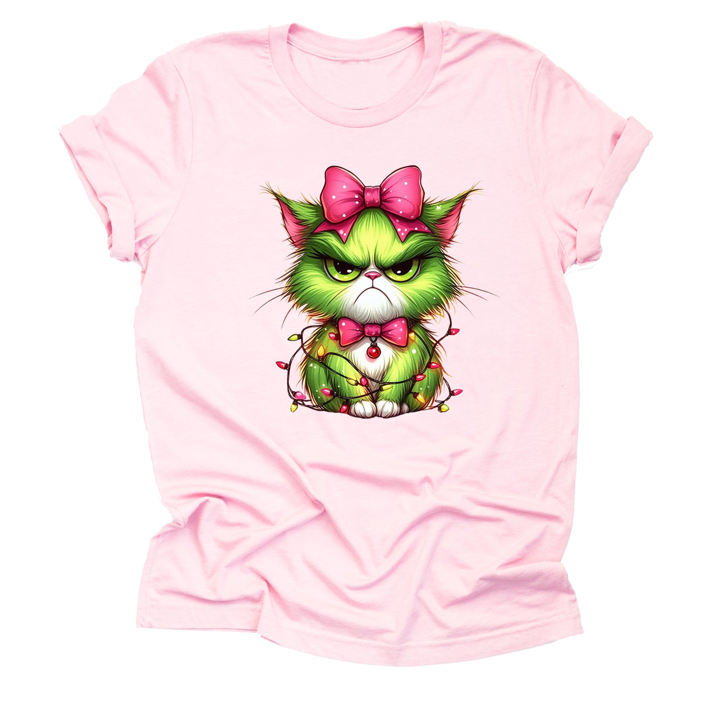 Angry Christmas cat printed graphic tee with lights and pink bow holiday design