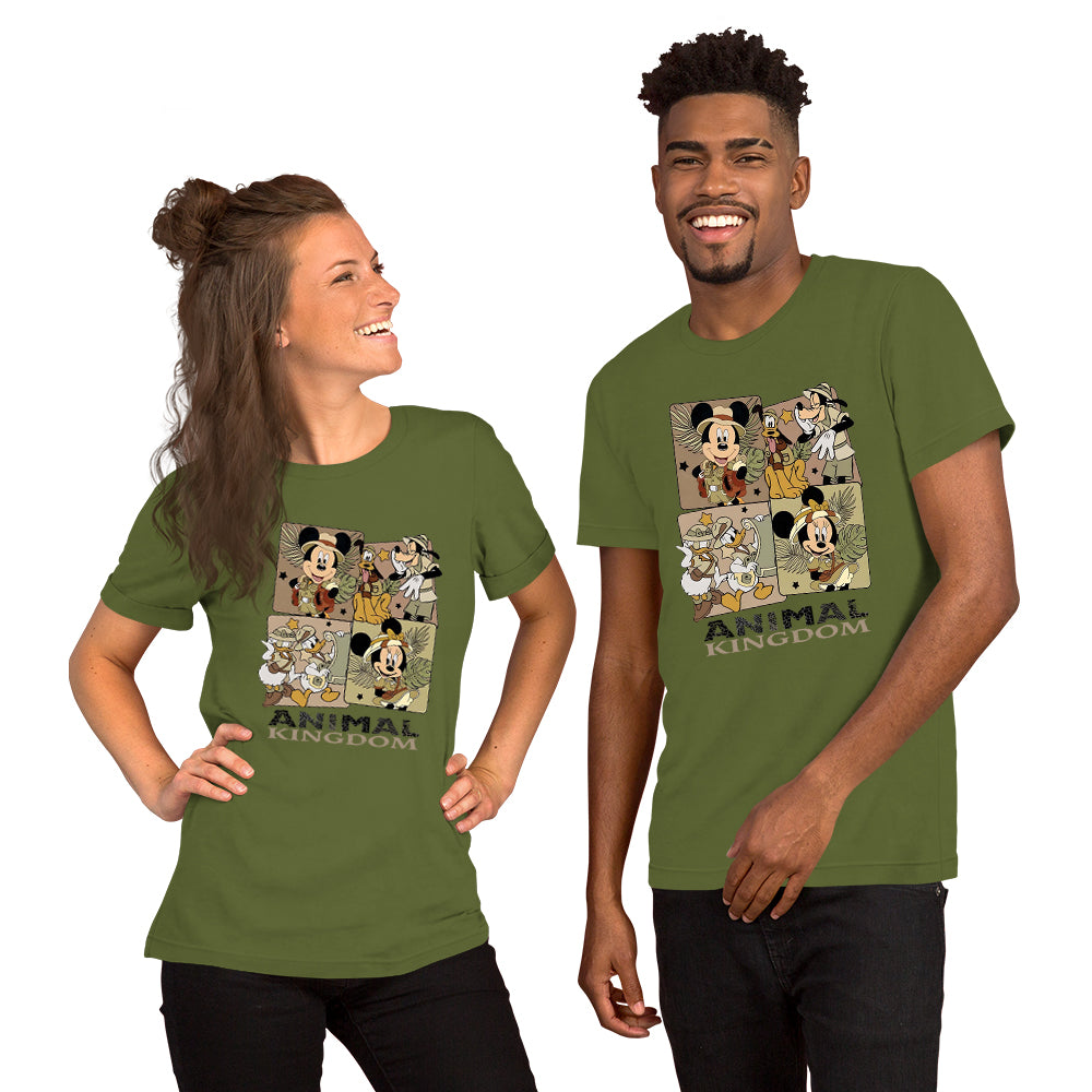 A couple wearing short-sleeved gray t-shirt featuring a 4-square character graphic design with favorite Disney characters from Animal Kingdom. on a white background
