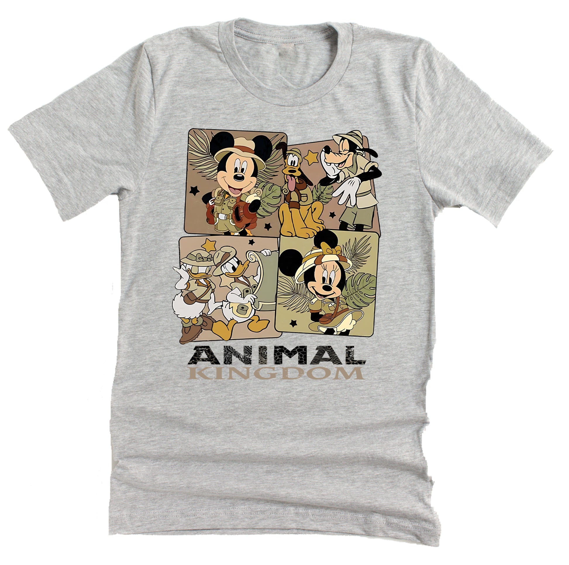 A short-sleeved gray t-shirt featuring a 4-square character graphic design with favorite Disney characters from Animal Kingdom.
