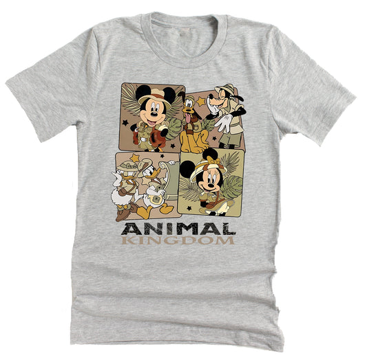 A short-sleeved gray t-shirt featuring a 4-square character graphic design with favorite Disney characters from Animal Kingdom.