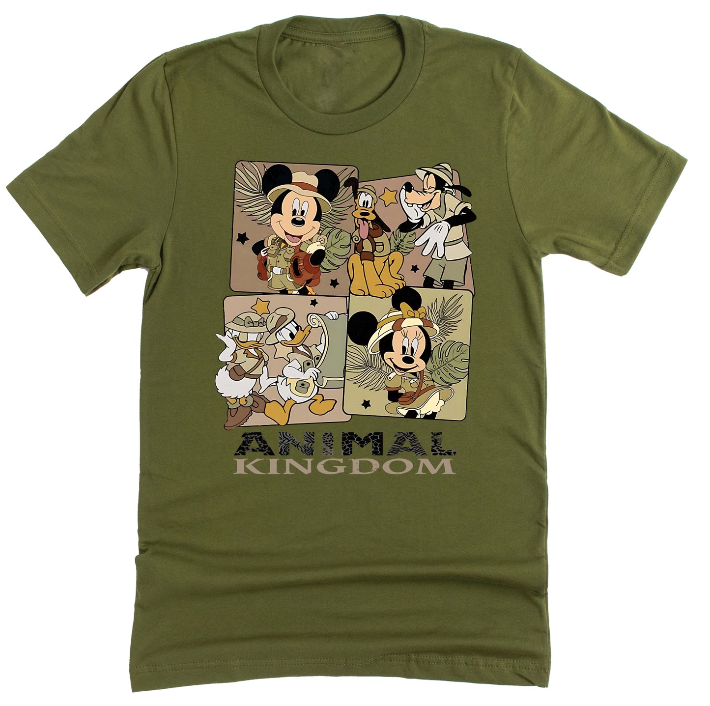 A short-sleeved olive
 t-shirt featuring a 4-square character graphic design with favorite Disney characters from Animal Kingdom.
