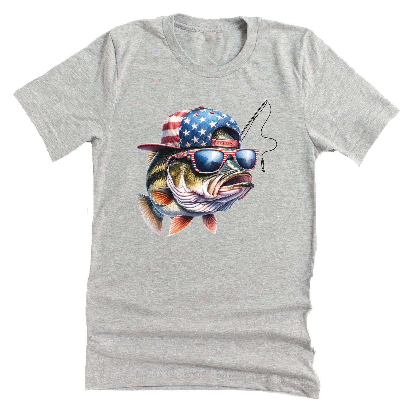 A gray unisex short-sleeve t-shirt with a graphic of a bass wearing an American flag hat.