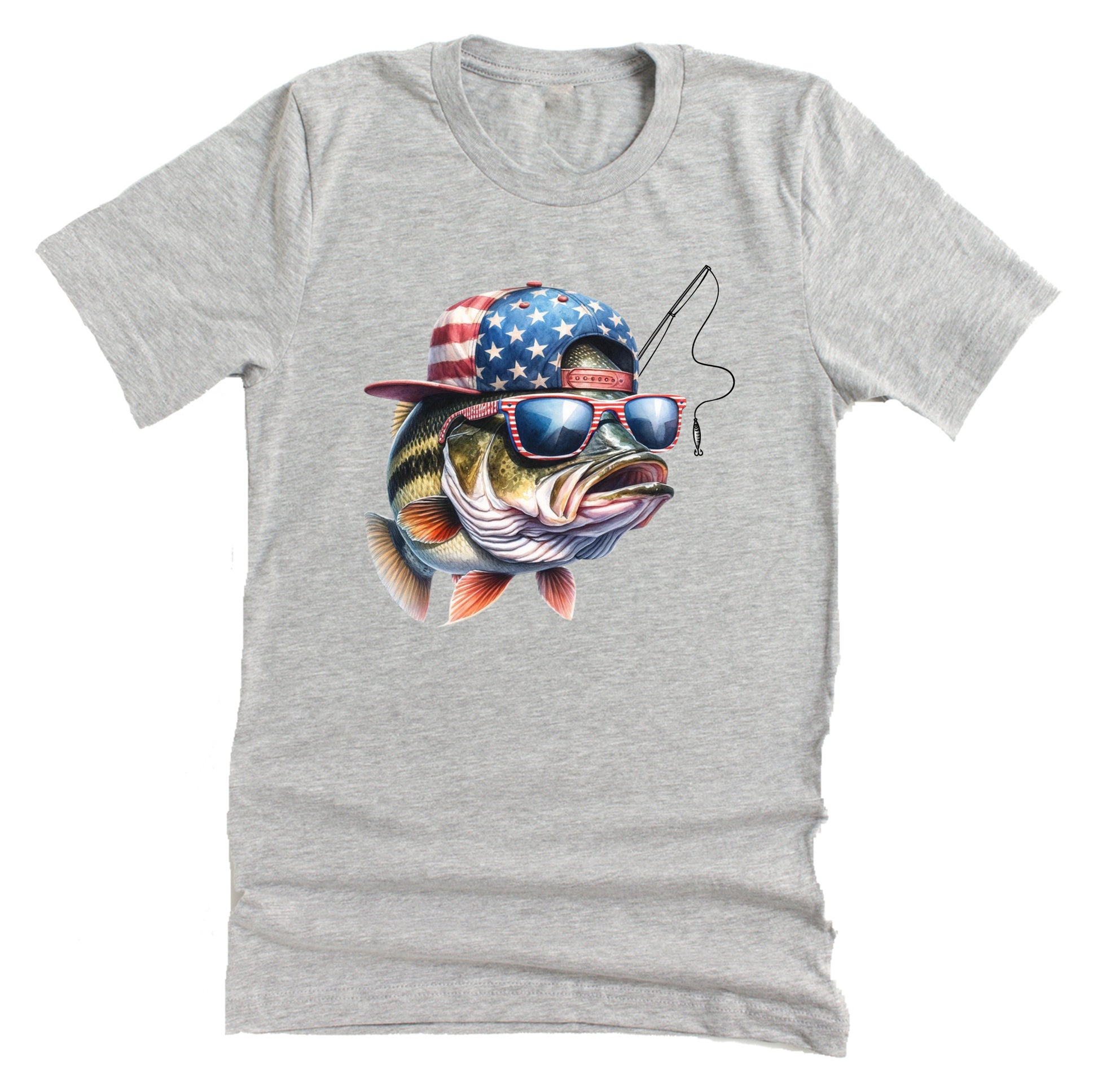 A gray unisex short-sleeve t-shirt with a graphic of a bass wearing an American flag hat.