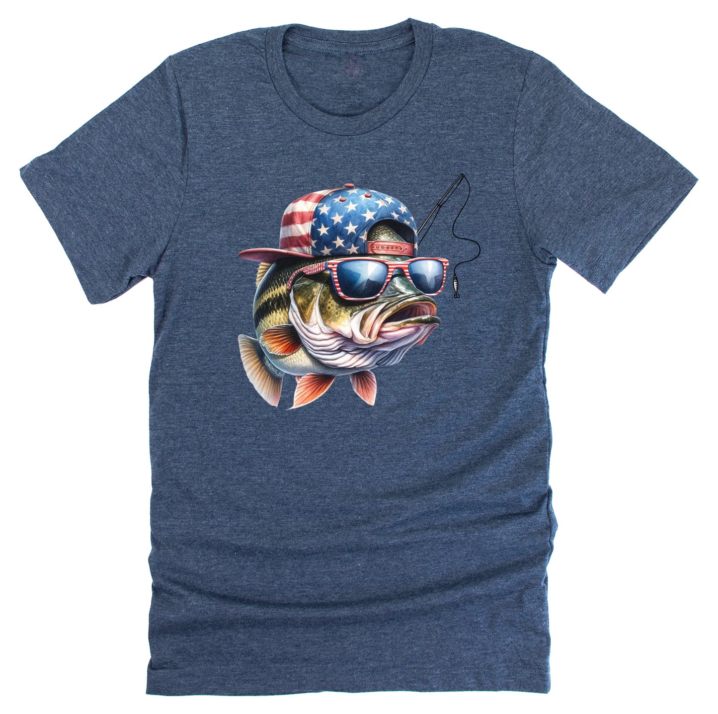 A navy unisex short-sleeve t-shirt with a graphic of a bass wearing an American flag hat.