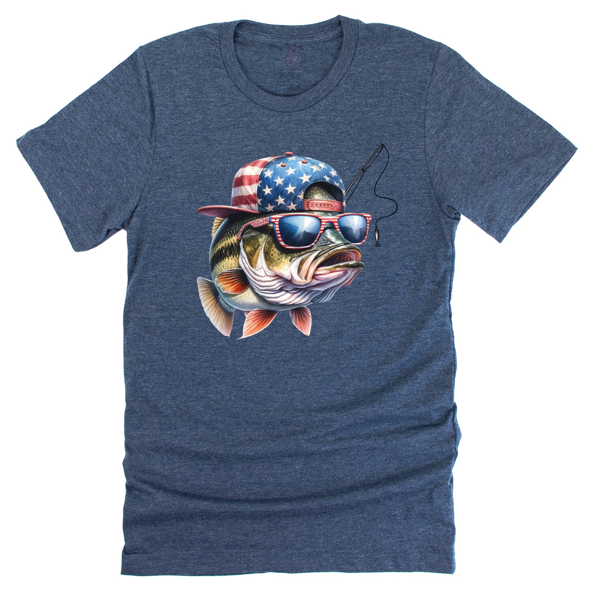 A navy unisex short-sleeve t-shirt with a graphic of a bass wearing an American flag hat.