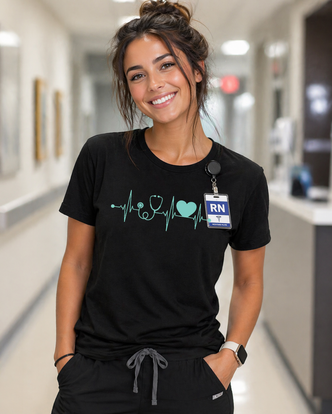 Black nurse heartbeat shirt with EKG line design for RN nurses and healthcare workers