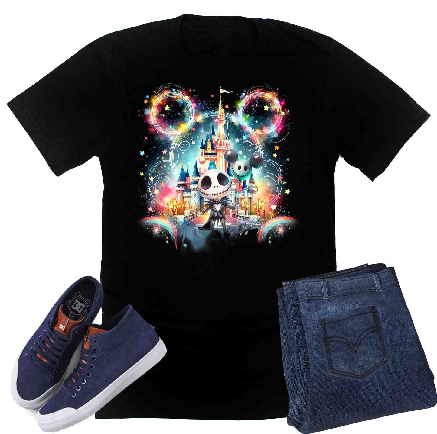 Black t-shirt printed Jack Skellington neon glow Halloween graphic tee with spooky inspired design