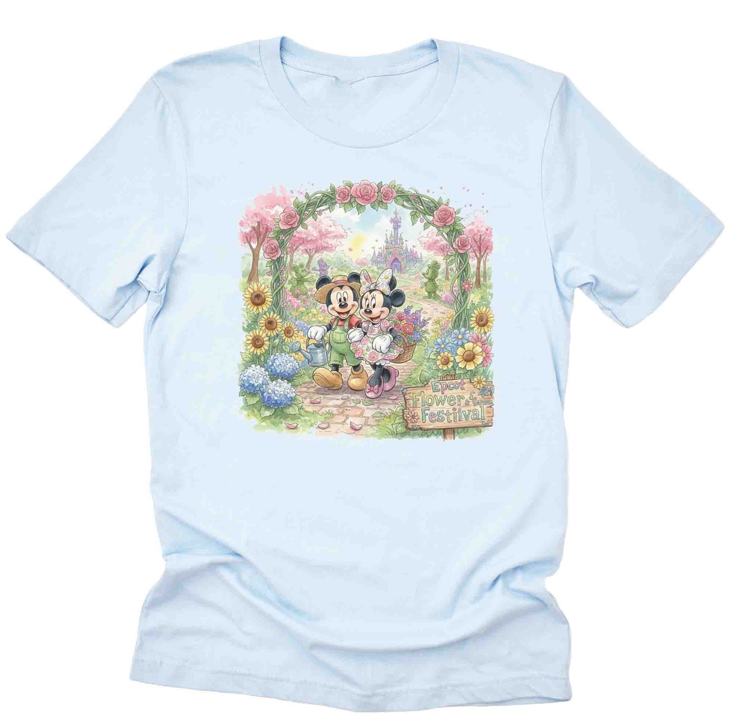 light blue shirt with mickey mouse and minnie mouse walking through a garden at Epcot's International Flower and garden festival