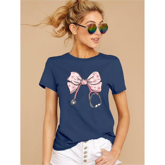Blue nurse shirt with pink bow stethoscope design for RN nurses and healthcare workers