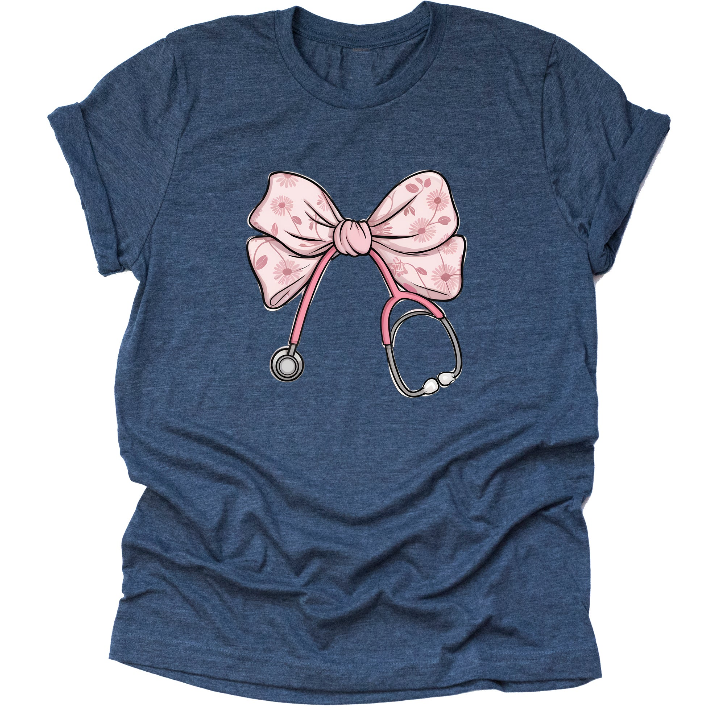 Blue nurse shirt with pink bow stethoscope design for RN nurses and healthcare workers