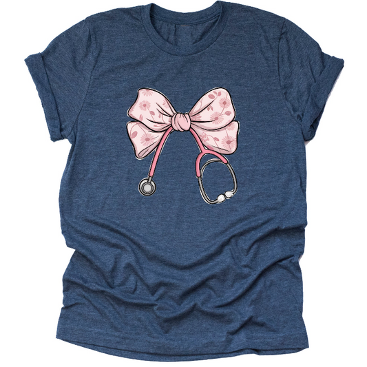 Blue nurse shirt with pink bow stethoscope design for RN nurses and healthcare workers