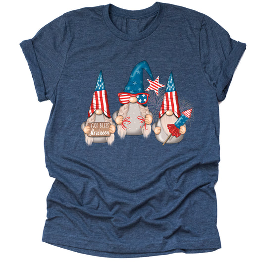 Patriotic U.S.A July 4th gnome American flag printed graphic tee shirt