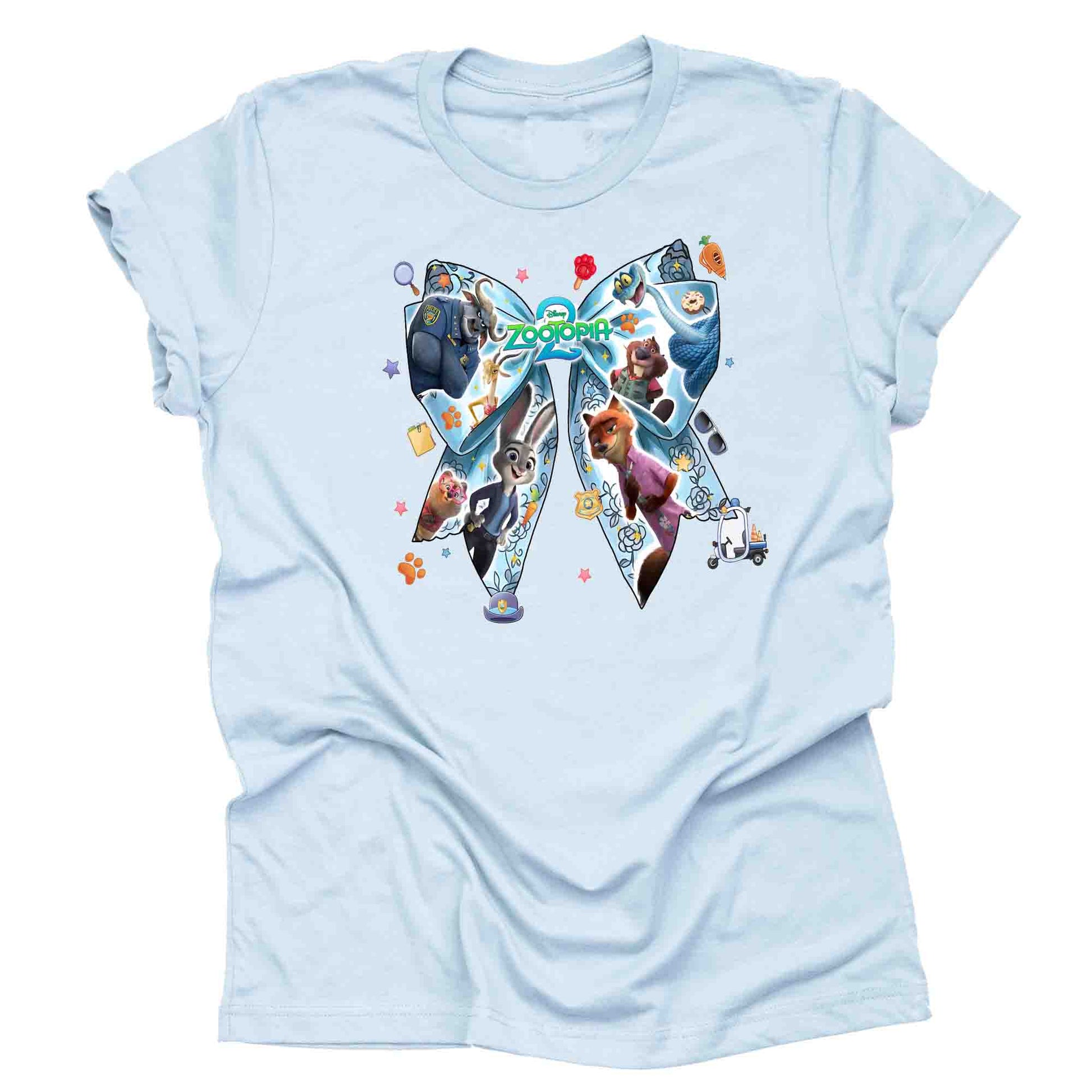 Light blue t-shirt with a colorful 'Zootopia' bow design 