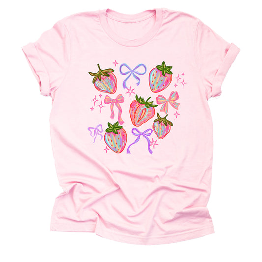 Strawberry Coquette Bow Short Sleeve Casual T-Shirt