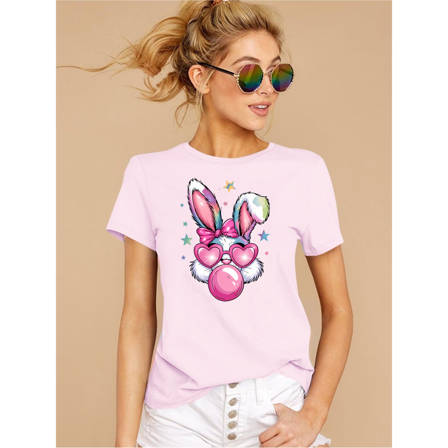 Bunny Bubble Gum Easter Shirt, Short Sleeve Casual Tee