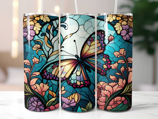 Butterfly Stained Glass Tumbler with Lid and Straw