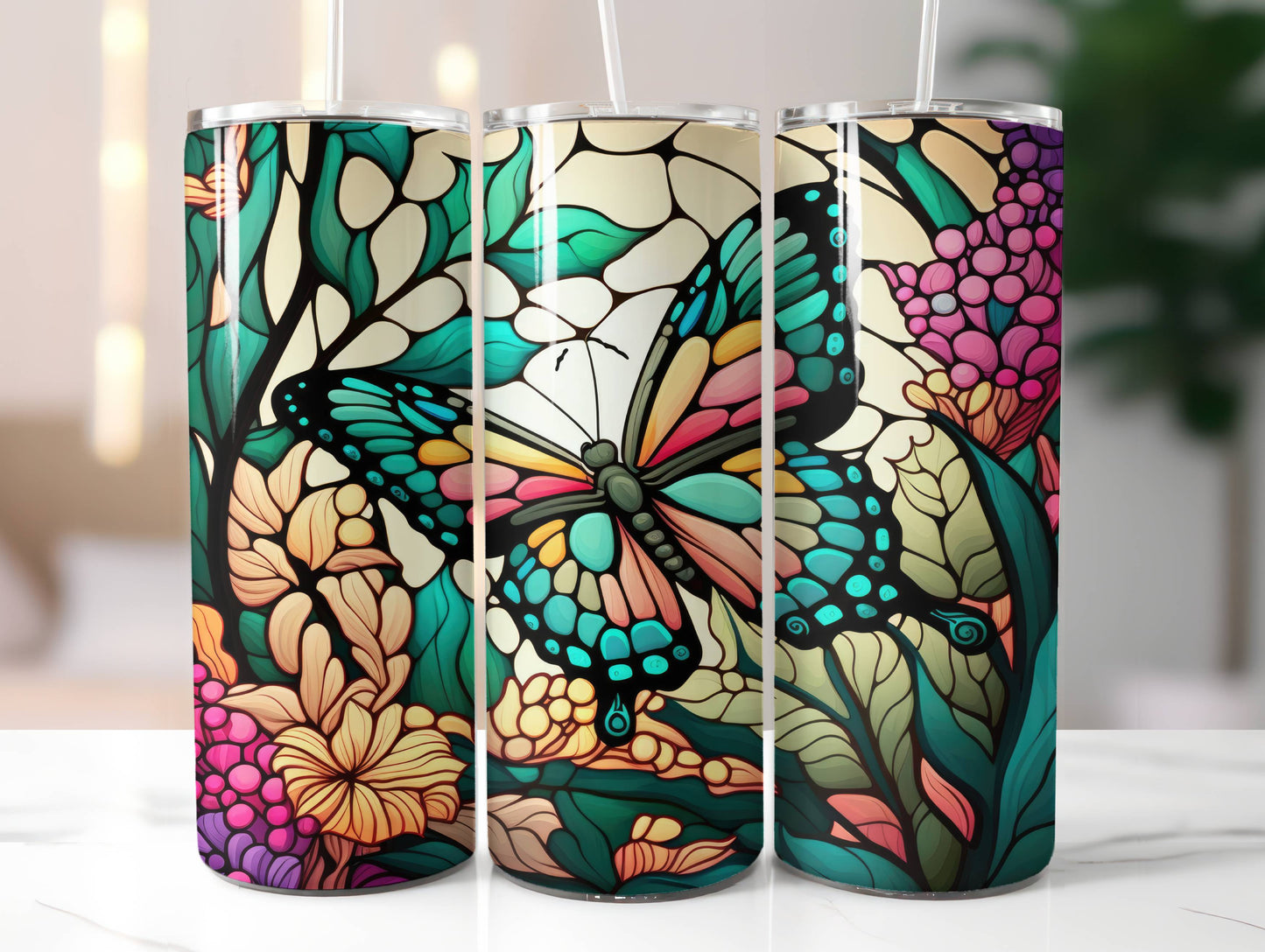 Butterfly Stained Glass Tumbler | Reusable Travel Mug