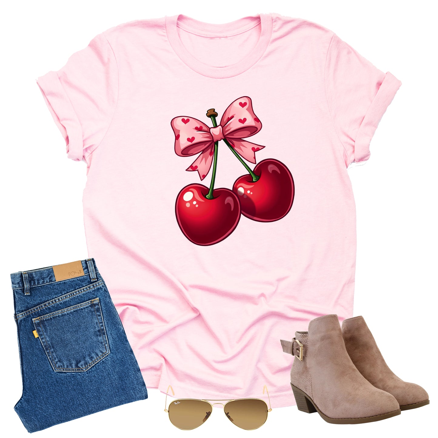 Valentine Cherry Bow Hearts Casual Short Sleeve Shirt