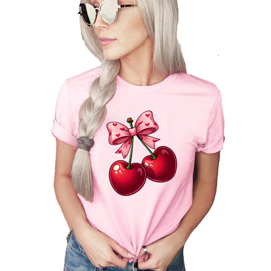 Valentine Cherry Bow Hearts Casual Short Sleeve Shirt