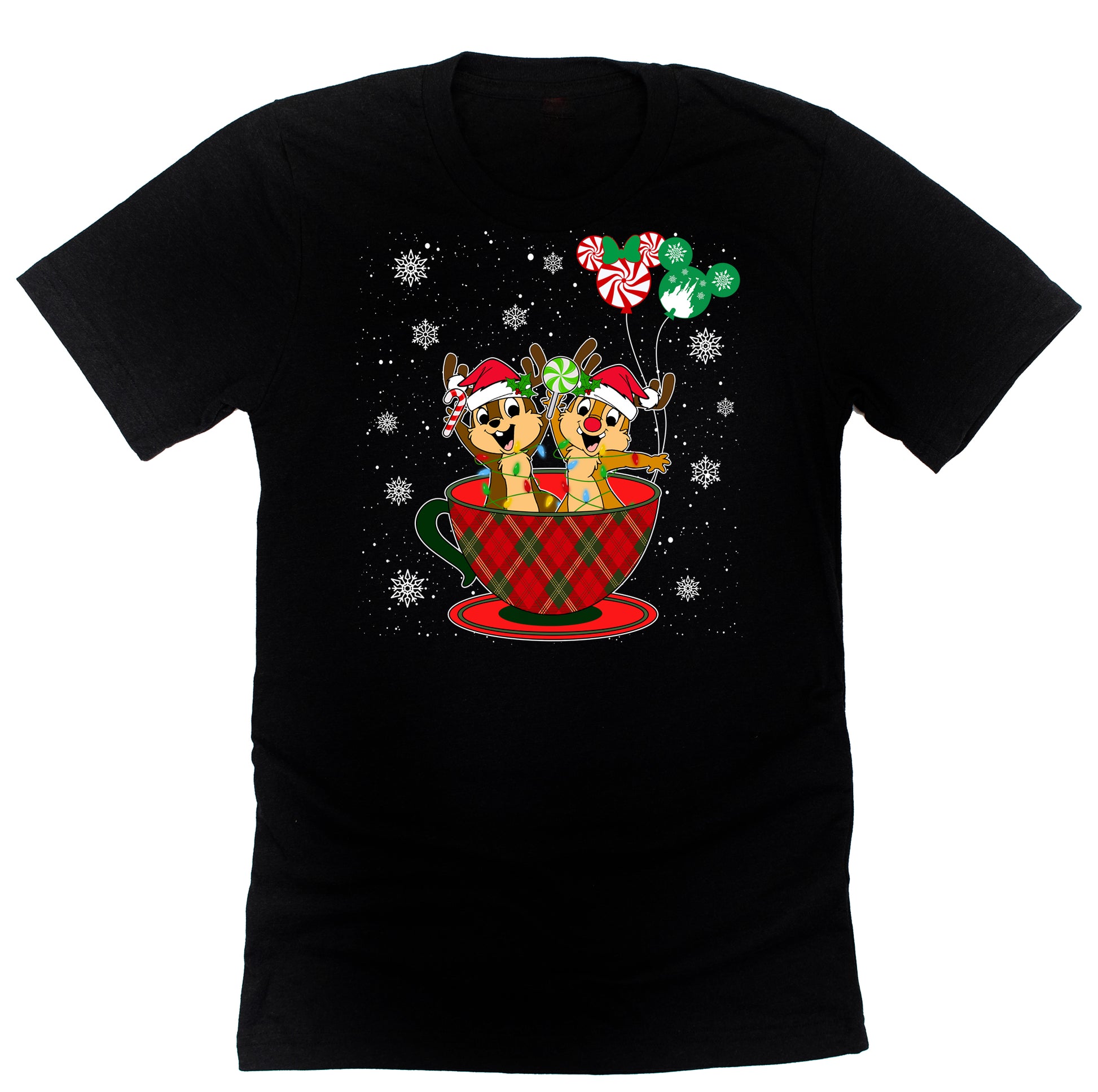 A black unisex t-shirt with a graphic design featuring Chip and Dale in a Christmas themed setting, including a cup and balloons.