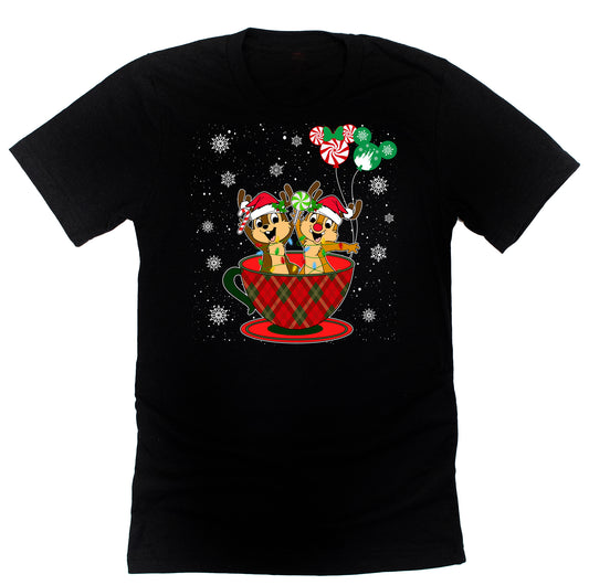 A black unisex t-shirt with a graphic design featuring Chip and Dale in a Christmas themed setting, including a cup and balloons.