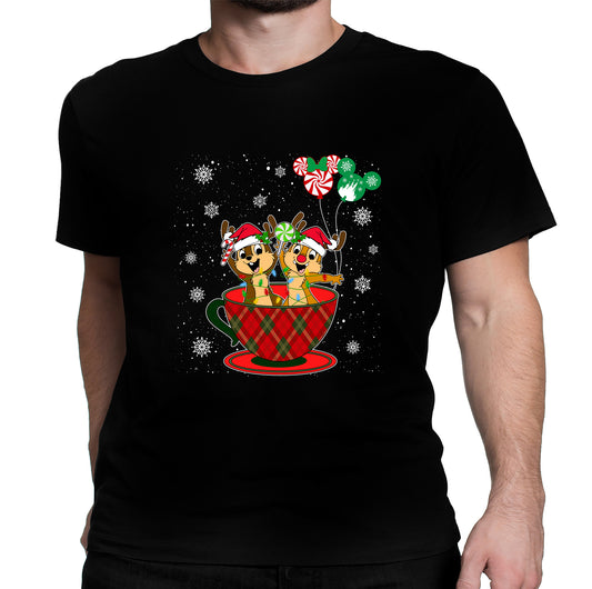 A man wearing black unisex t-shirt with a graphic design featuring Chip and Dale in a Christmas themed setting, including a cup and balloons.