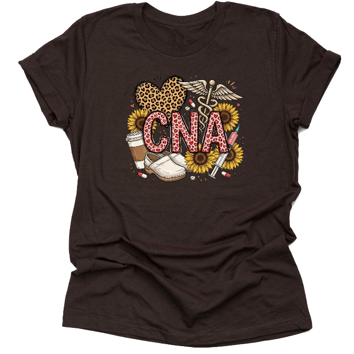 Brown CNA nurse shirt with leopard heart and sunflower design for RN nurses and healthcare workers