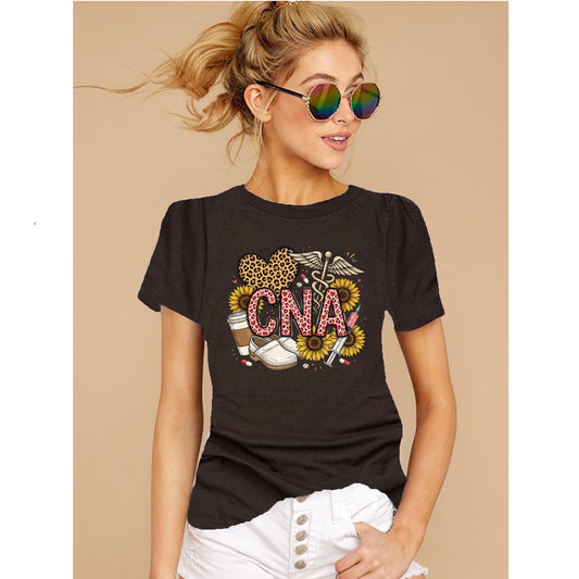 CNA Nurse Shirt – Leopard Heart Sunflower Design Tee