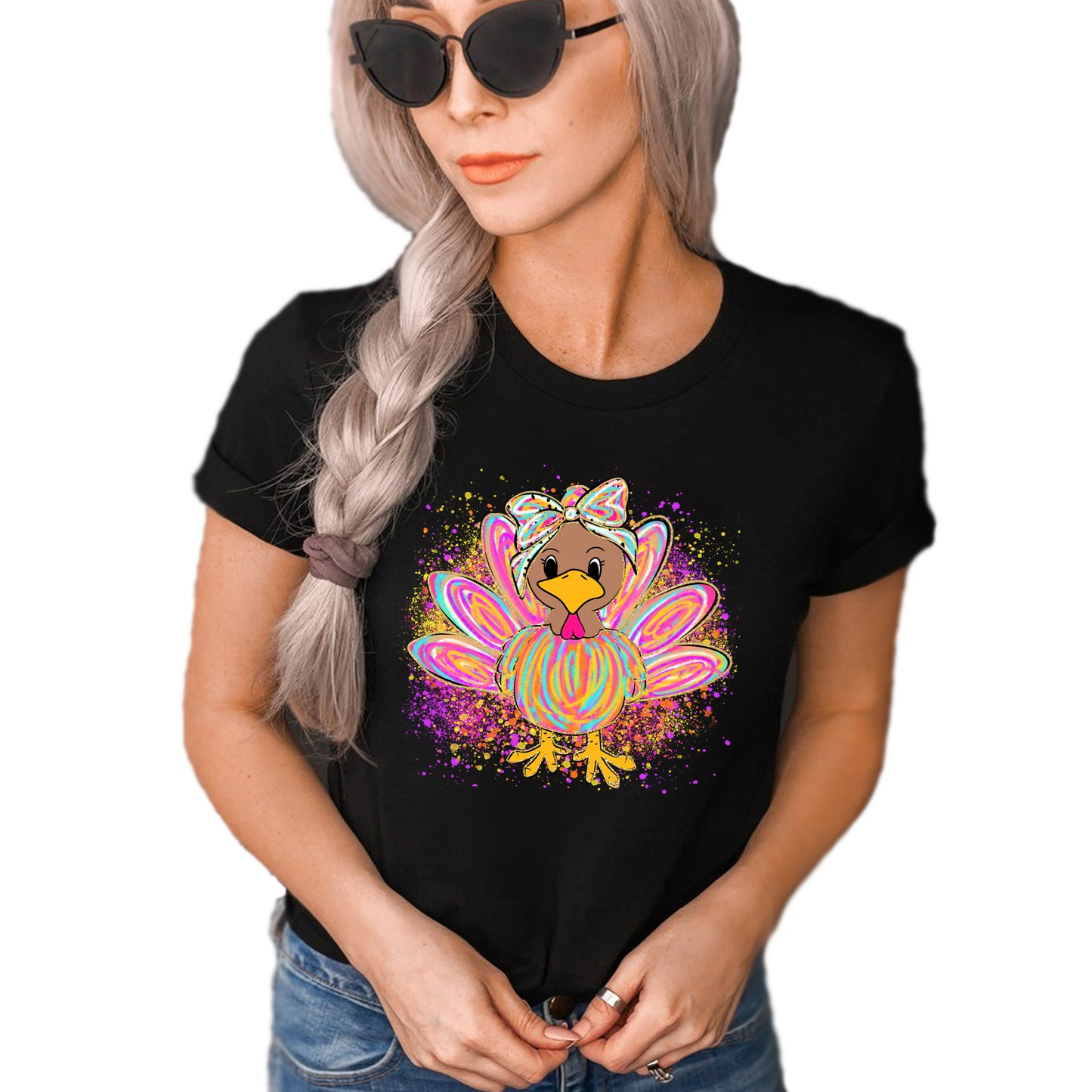 Colorful girl turkey Thanksgiving Day printed graphic shirt with festive holiday design
