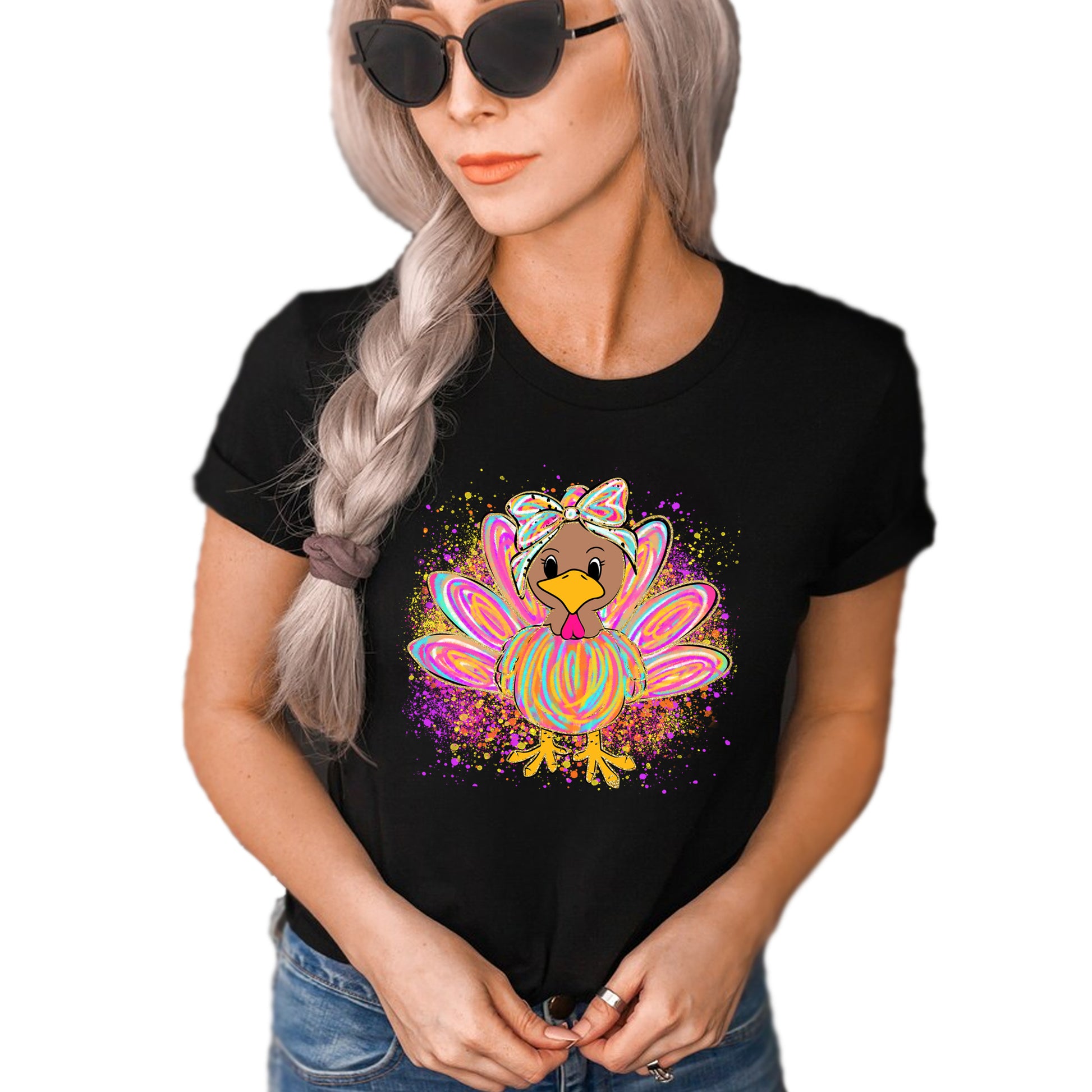 Colorful girl turkey Thanksgiving Day printed graphic shirt with festive holiday design