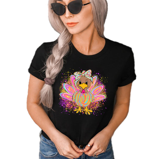 Colorful girl turkey Thanksgiving Day printed graphic shirt with festive holiday design