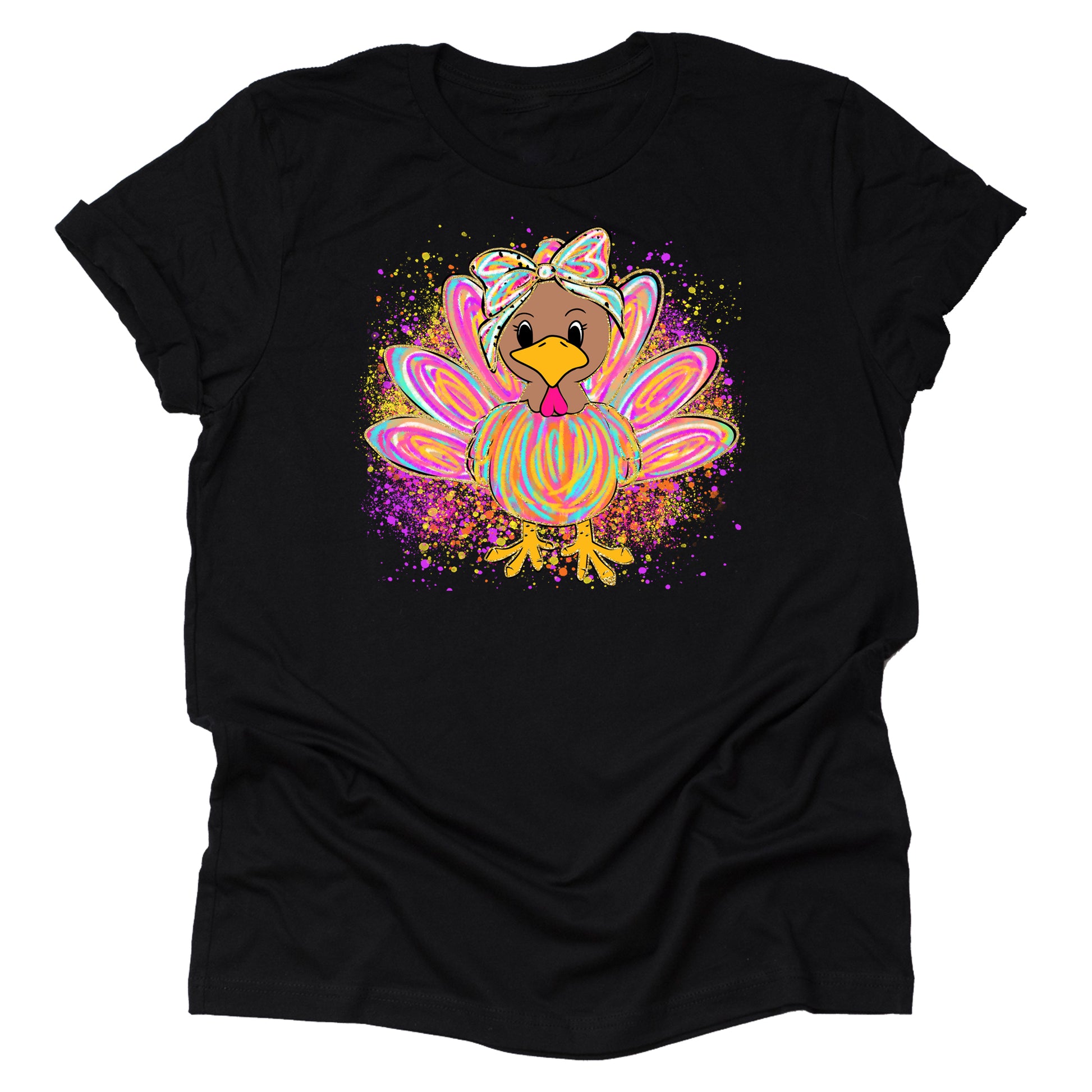Colorful girl turkey Thanksgiving Day printed graphic shirt with festive holiday design