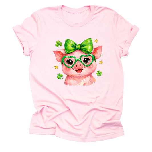 Cute pink pig shamrock shirt with green bow and clover graphic design