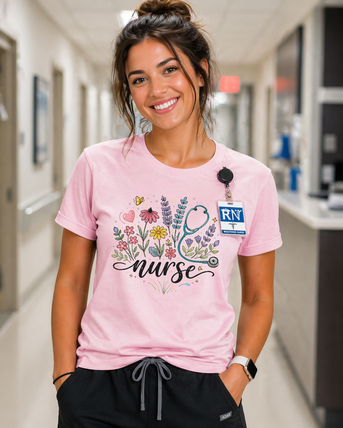 Cute pink floral nurse shirt with stethoscope design for RN nurses and healthcare workers