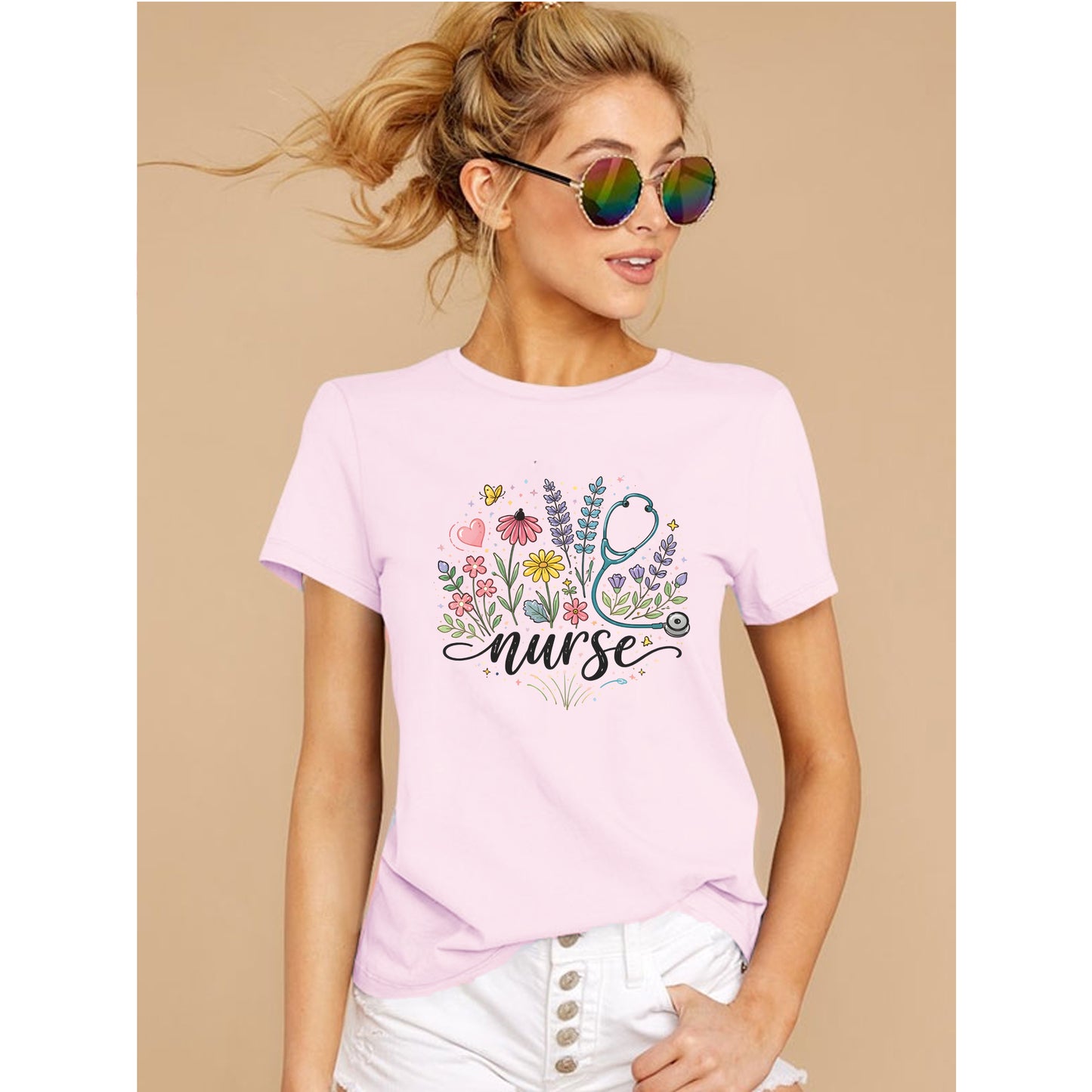 Cute pink floral nurse shirt with stethoscope design for RN nurses and healthcare workers