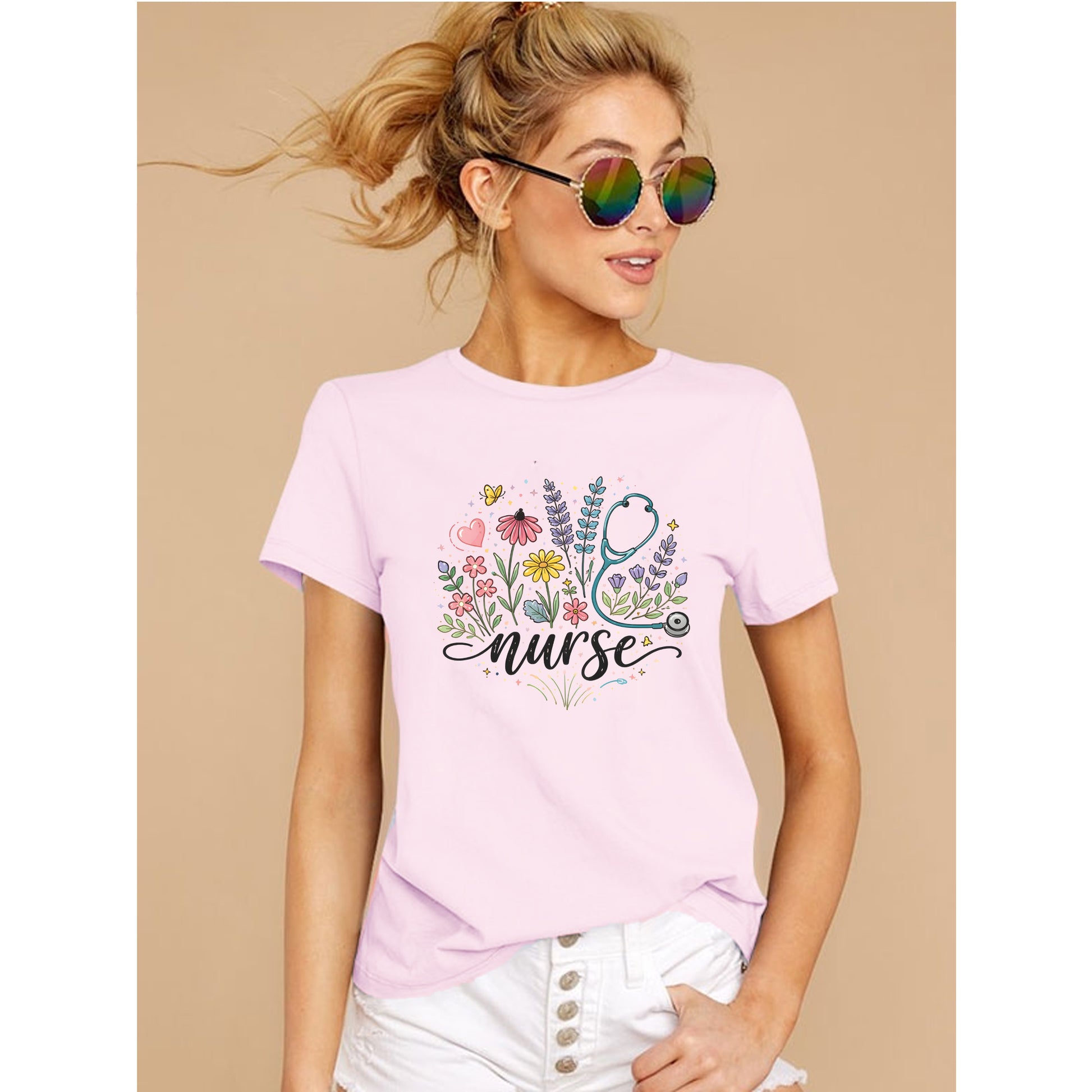 Cute pink floral nurse shirt with stethoscope design for RN nurses and healthcare workers