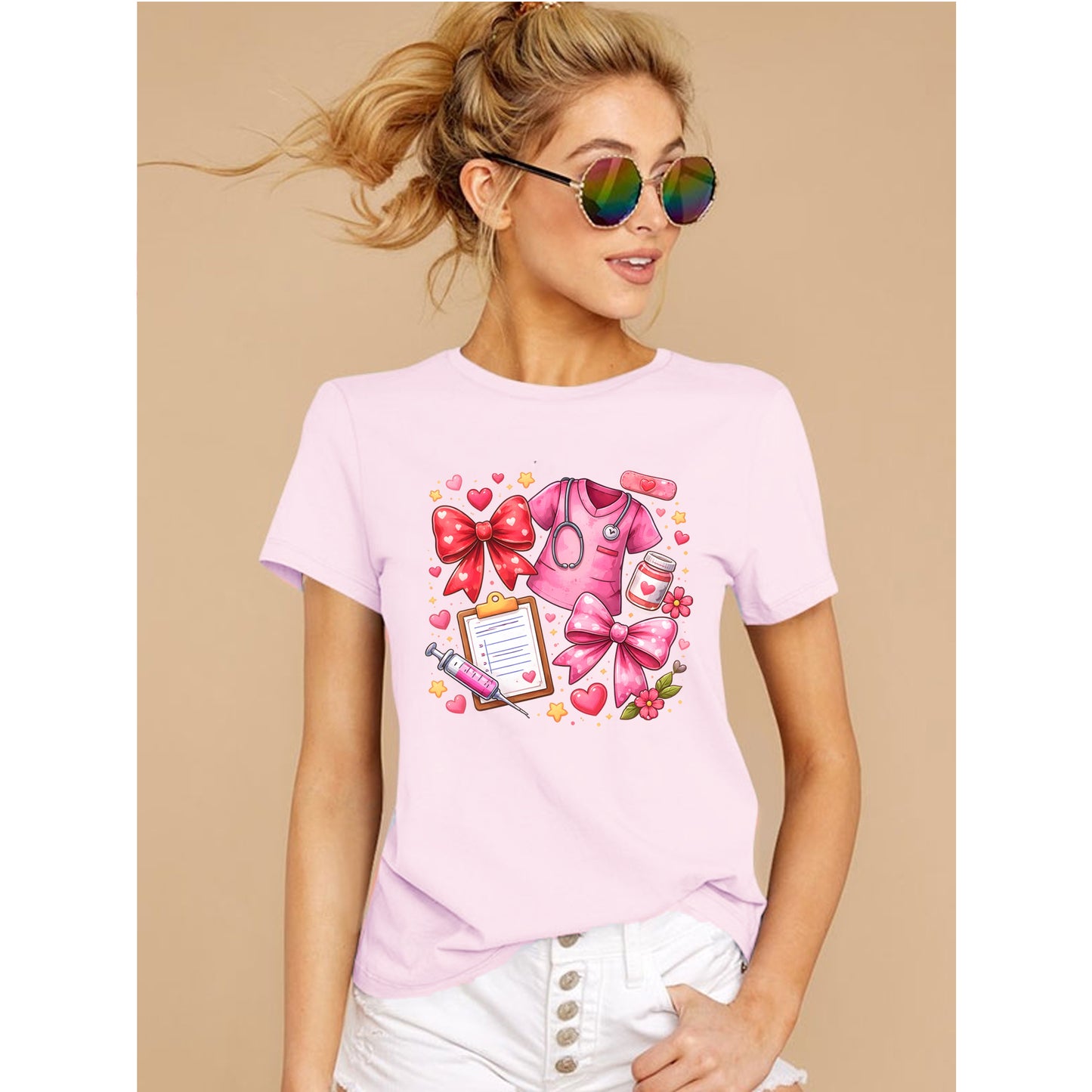 cute pink nurse shirt scrub life graphic tee with bow and stethoscope