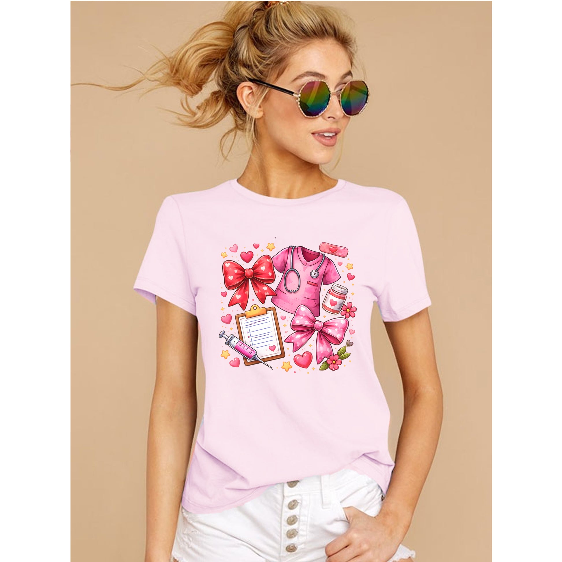 cute pink nurse shirt scrub life graphic tee with bow and stethoscope