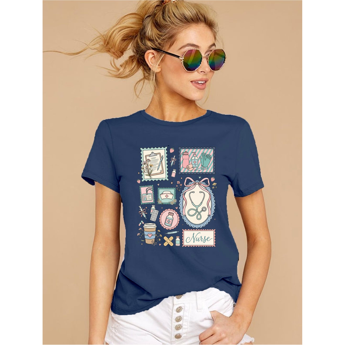  sexy nurse graphic t-shirt navy blue stethoscope medical design