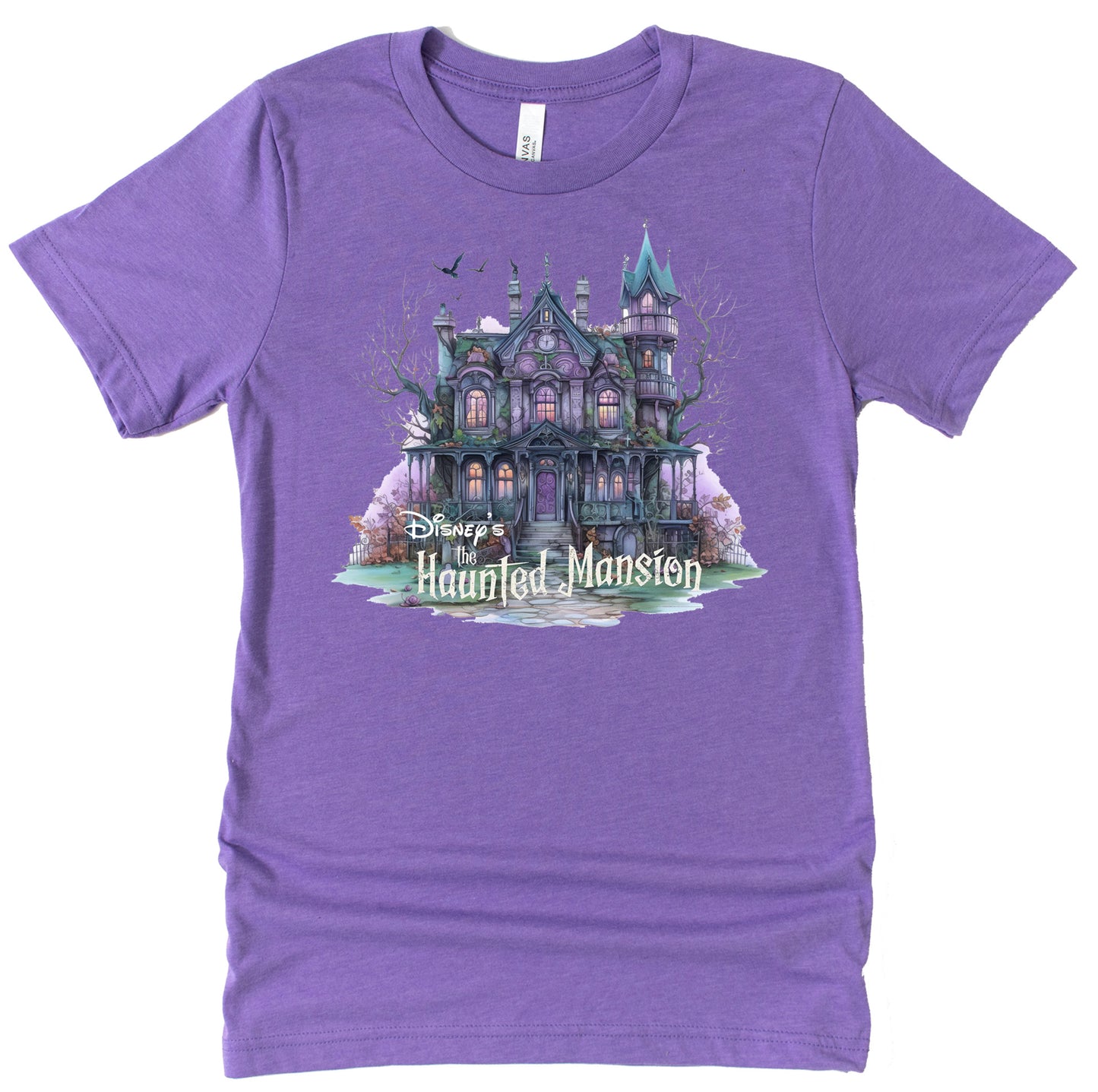 Disney Haunted Mansion purple theme park graphic tee with spooky mansion design