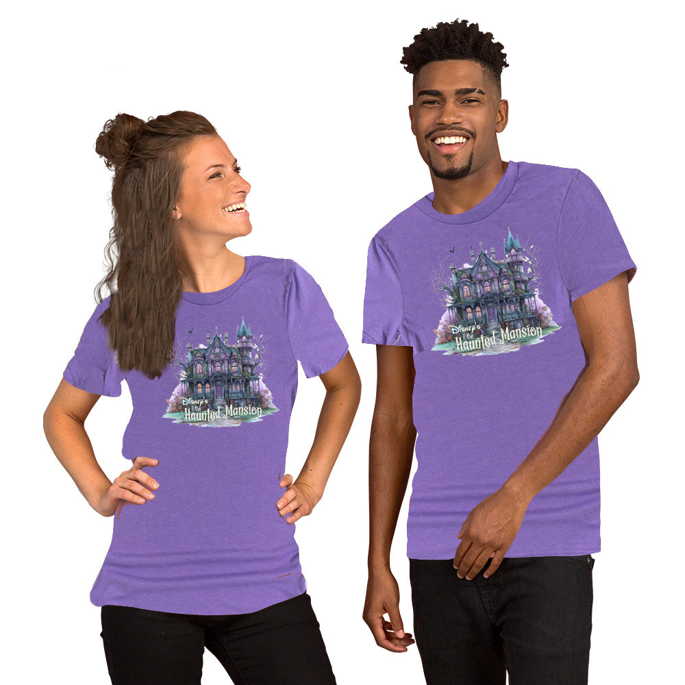 Disney Haunted Mansion purple theme park graphic tee with spooky mansion design