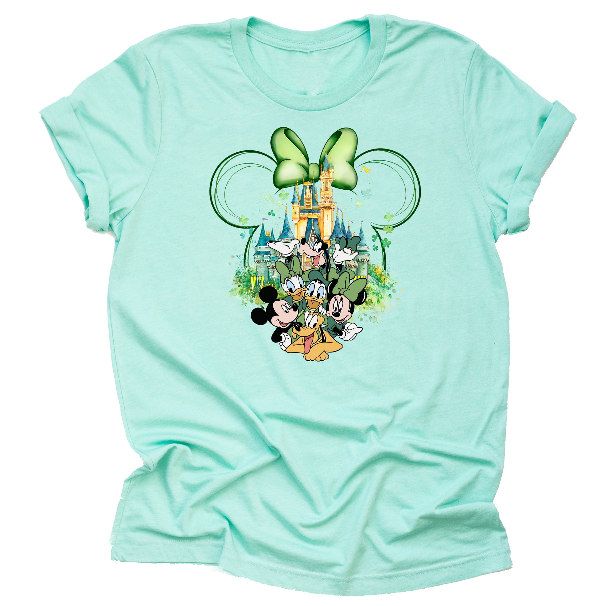 Mint Green t-shirt with Disney St. Patrick Day-themed Mickey Mouse, Minnie Mouse,Donald Duck, Daisy Duck, Goofy in front of cinderella castle with minnie outline head with green bow graphic 