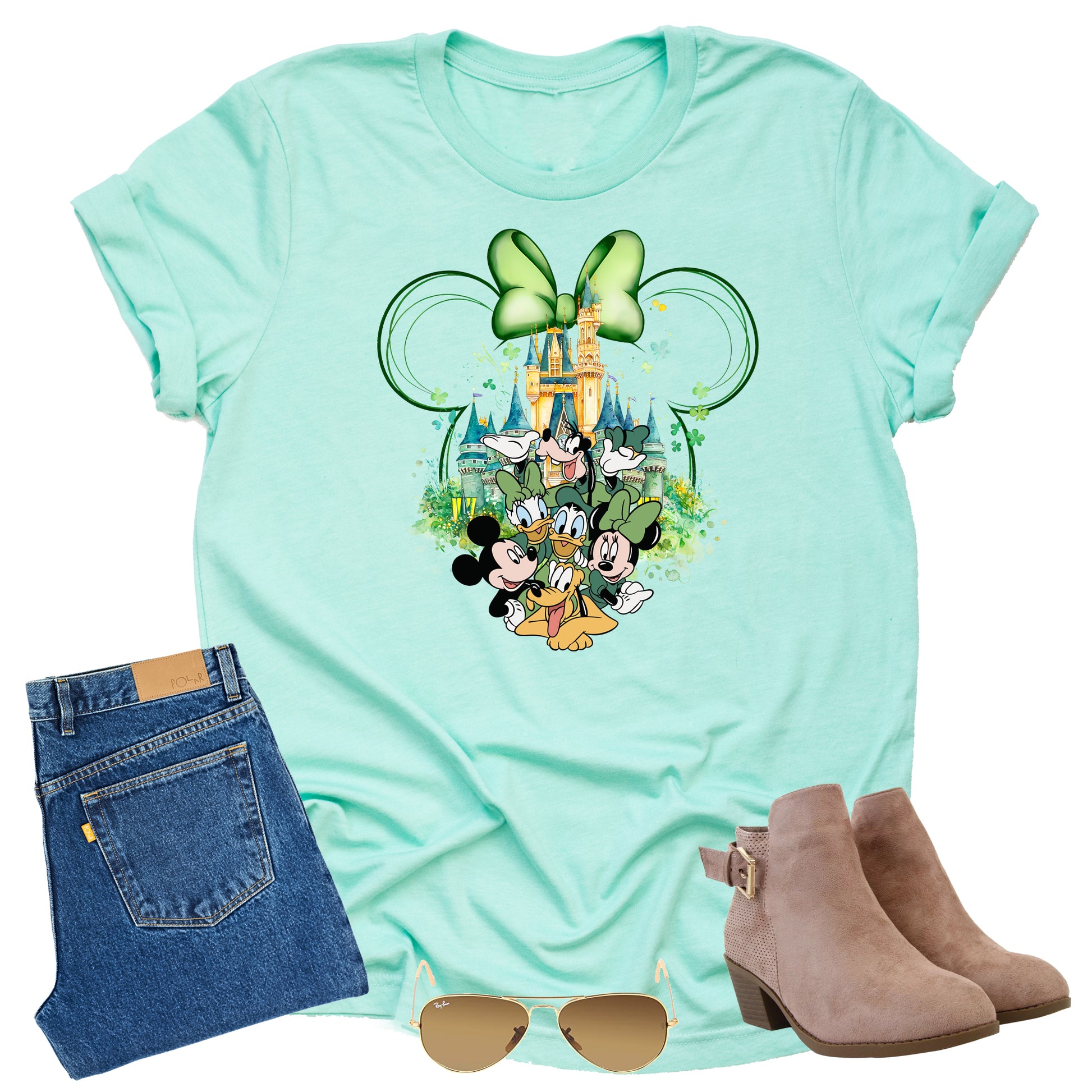 Mint Green t-shirt with Disney St. Patrick Day-themed Mickey Mouse, Minnie Mouse,Donald Duck, Daisy Duck, Goofy in front of cinderella castle with minnie outline head with green bow graphic with pant, sunglasses and boots on a white background