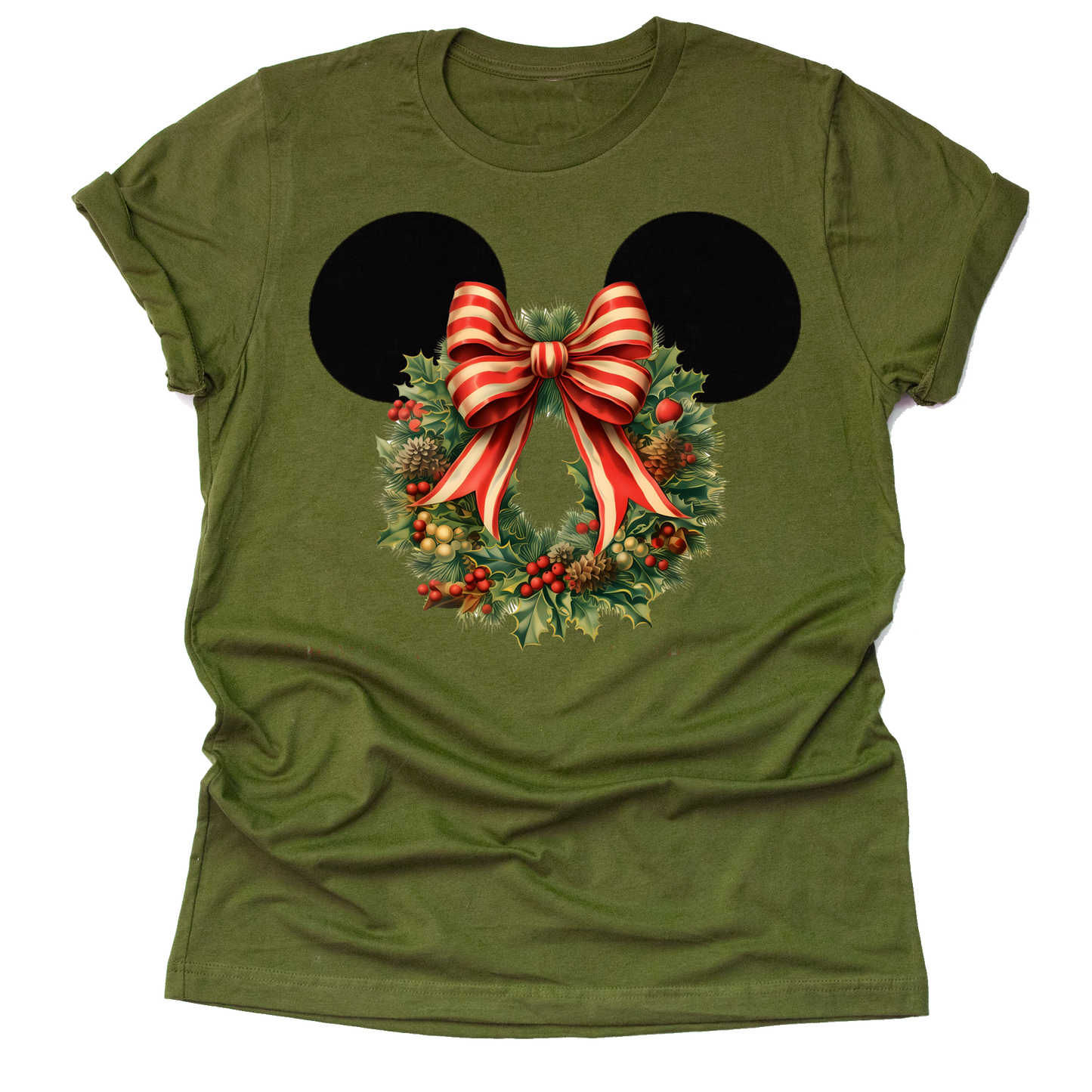Women's olive t-shirt featuring a graphic of Minnie Mouse ears with a Christmas flower wreath and a red and white striped bow.