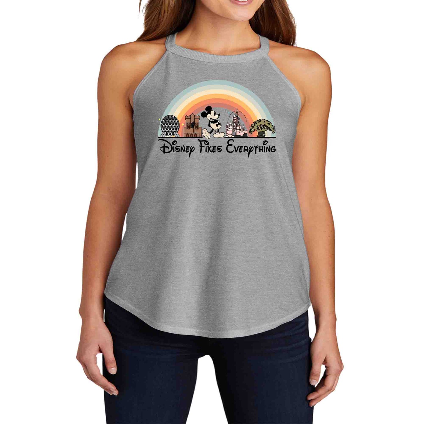 A gray short sleeve female wearing tank top with a graphic that includes Disney park icons and the text 'Disney Fixes Everything' in a rainbow-colored arch.