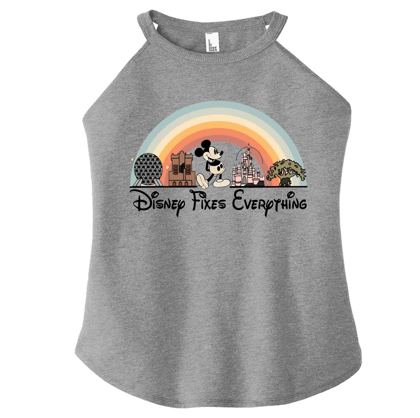 A gray short sleeve female tank top with a graphic that includes Disney park icons and the text 'Disney Fixes Everything' in a rainbow-colored arch.